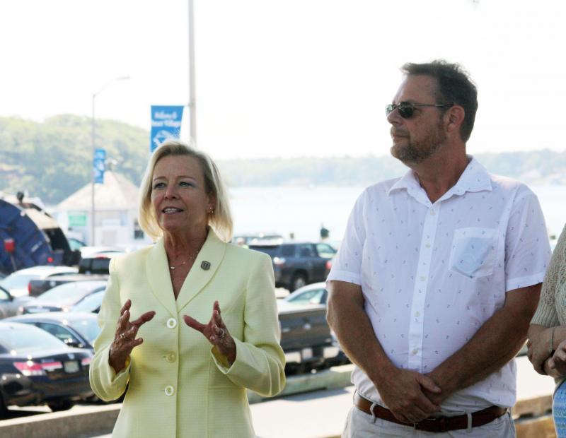 State Rep. Susan Williams Gifford (R-Wareham) speaks after Selectmen signed a lease agreement with the Buzzards Bay Coalition on Monday as Selectmen Chair Peter Teitelbaum looks on. BY MATTHEW BERNAT